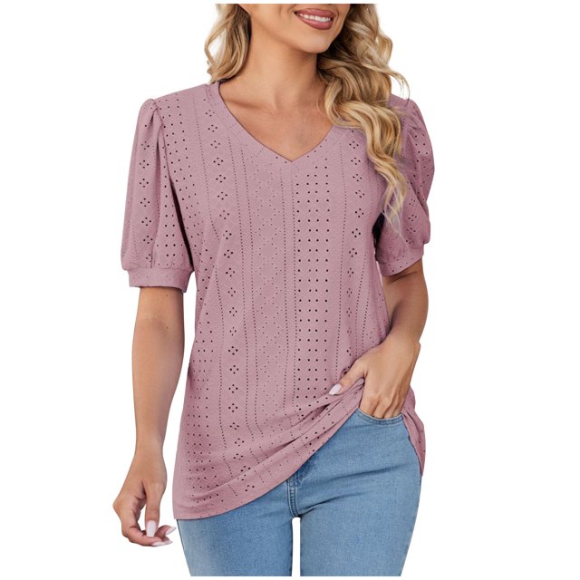 RKSTN Womens Tops Fashion Mesh Breathable Short Sleeve V-Neck Blouse Tops Comfortable Temperament Solid Color Tops