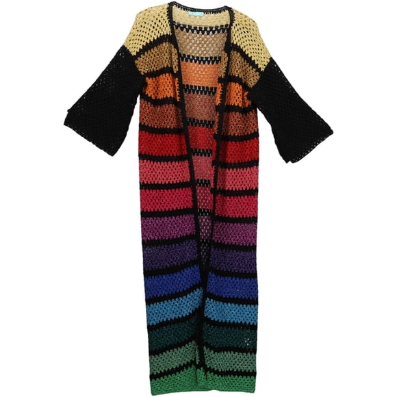 Rose Carmine Women's Horizontal Black / Rainbow Metallic Granny Crochet Striped Long Cardi Cardigan - One Size