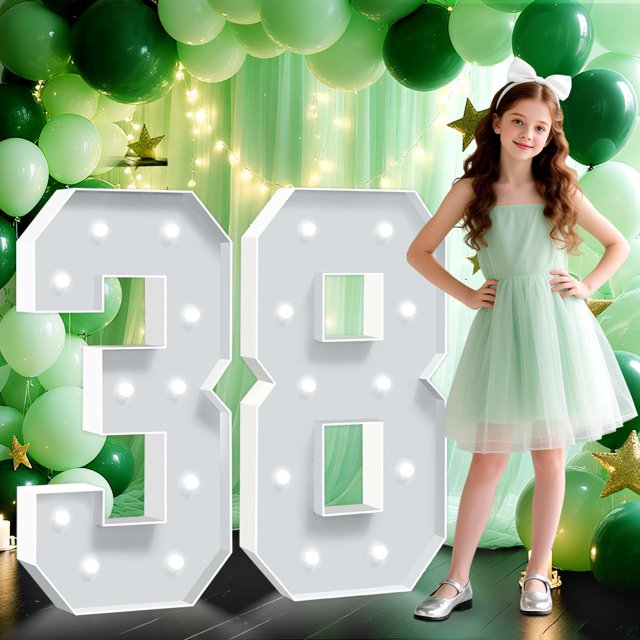 Marquee Numbers 38, 4FT White Light Up Numbers, 4 Feet Tall Cardboard Mosaic Number for 38th Birthday Party Backdrop Anniversary Decorations, Pre-Cut Large Frame Number, Assembly Required