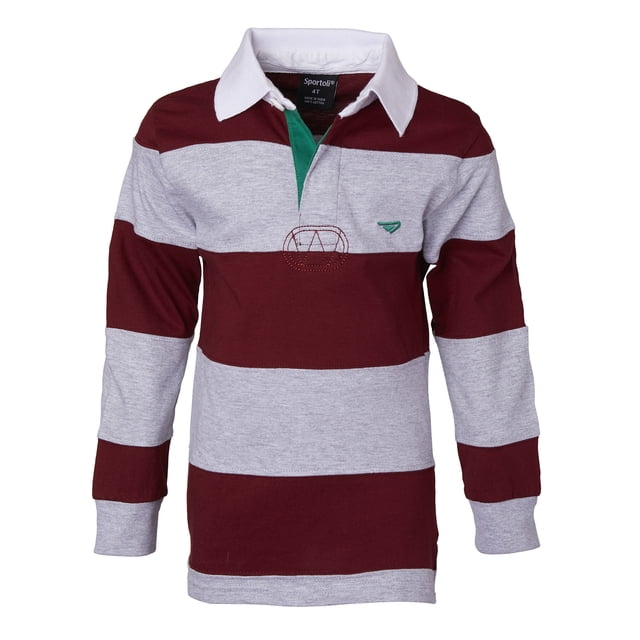 Sportoli Polo Rugby à Manches Longues à Larges Rayures en Coton 100 % pour Petits Garçons - Bourgogne/gris (Taille 3)