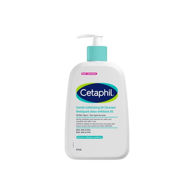 Cetaphil Nettoyant SA Exfoliant Doux en Bouteille à Pompe Blanche de 473 ml avec Distributeur Turquoise, Formulé pour une exfoliation Chimique Quotidienne Douce afin de Favoriser une Peau Plus Douce, Plus Lisse et un Ton Uniforme, Convient aux Peaux Sensibles.