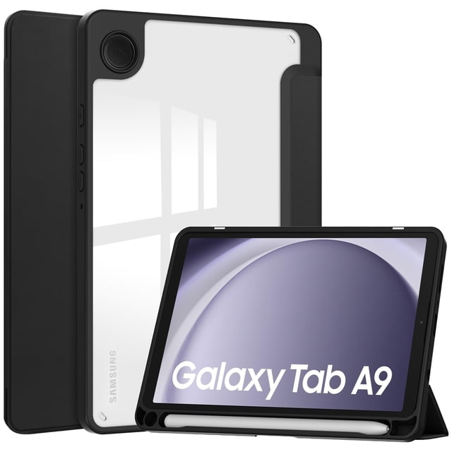 TFixol Slim Tri-Fold Protective Case for Samsung Galaxy Tab A9 & A9 Plus (8.7/11-Inch) in black with transparent back panel, pen holder, auto wake/sleep functionality, and magnetic closure. Ideal for protecting Samsung tablets from scratches and impacts.