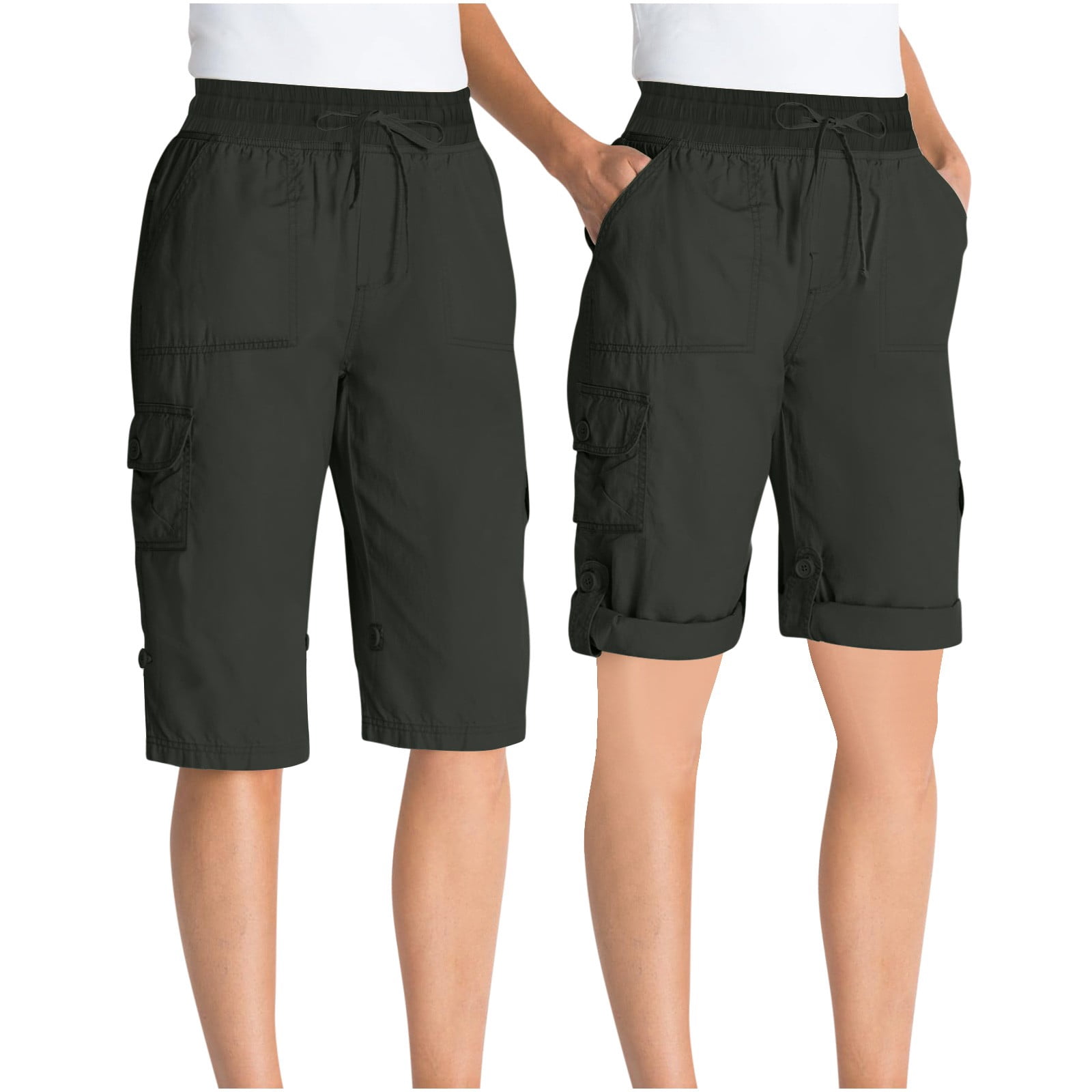 Timegard Shorts Cargo pour Femmes à Taille Élastique avec Cordon, Jambe Droite, Randonnée Plein Air, Demi-Pantalon avec Poches