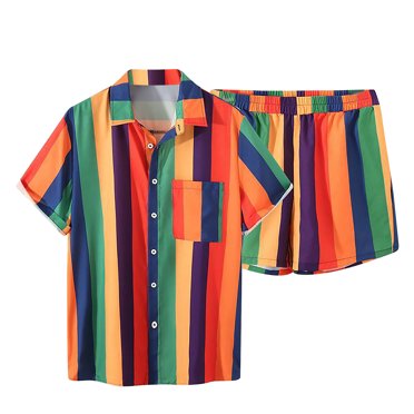 Mens Stripe Casual Turndown Collar Beach Short Sleeve Shirt Shorts Set