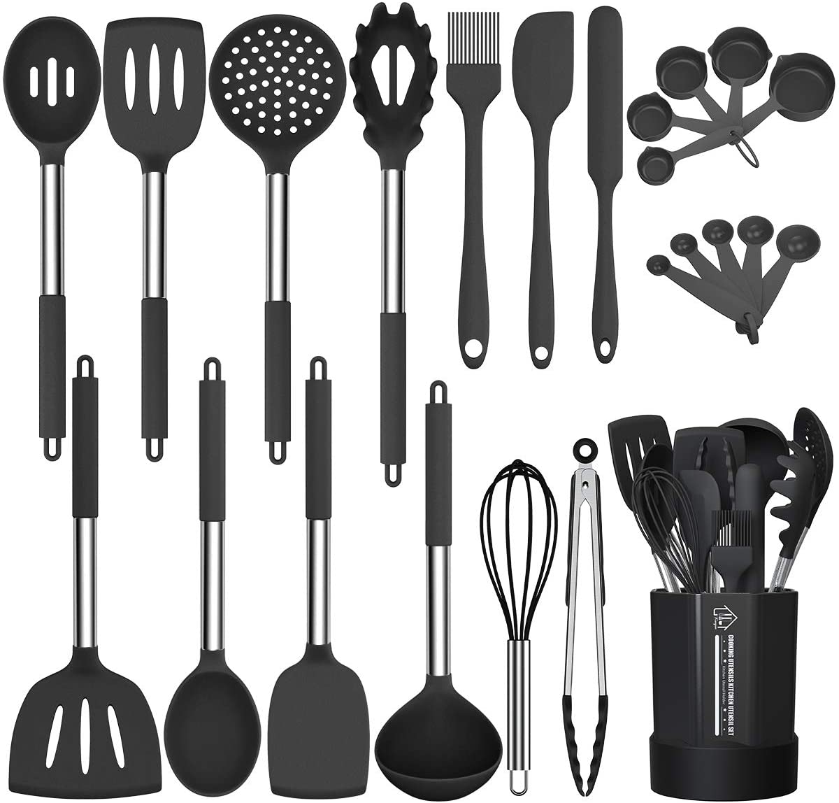 Silicone Cooking Utensil Set, Non-Stick Kitchen Utensil 24 Pcs Cooking Utensils Set, Heat Resistant Cookware, Silicone Kitchen Tools Gift with Stainless Steel Handle (Gray-24pcs)