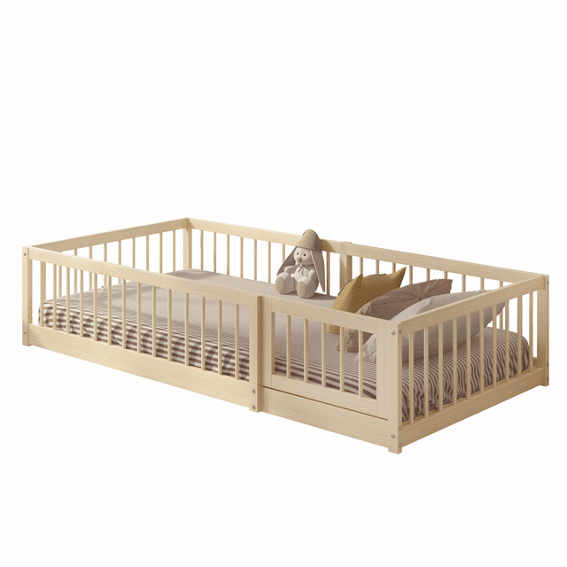 MIMI BEDS Lit au Sol Dream Raft avec Garde-Corps, Cadre en Bois de Pin Massif, Simple, Naturel