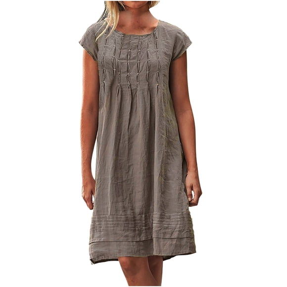 Short Sleeve Dress for Women Womens Fashion Cotton and Linen Crewneck Loose Short Sleeve Solid Mini Dress Mini Dress for Women Short Dress for Women Cotton Dress for Women Linen Dress Women