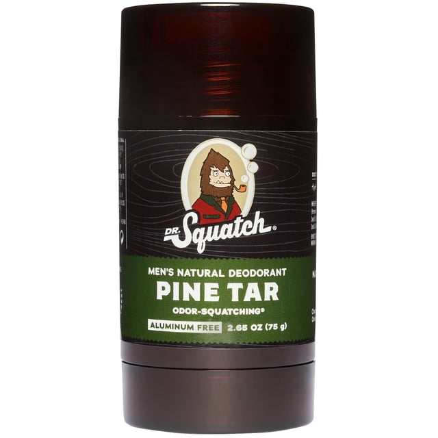 Dr. Squatch Déodorant Naturel pour Hommes au Goudron de Pin dans un Contenant Bâton Brun Foncé avec une Étiquette Verte Mettant en Vedette le logo cartoon Sasquatch, Formule Sans Aluminium et Poids de 2,65 oz (75 g), Conçu pour le Contrôle Naturel des Odeurs et l'Absorption de l'Humidité.