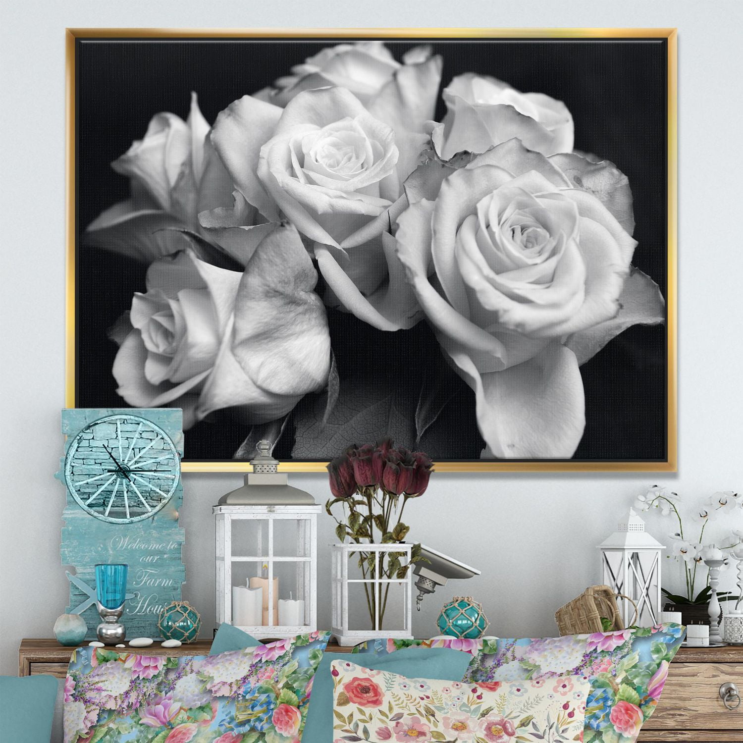 Designart Bunch of Roses Black and White FLOAT FRAME WALL ART