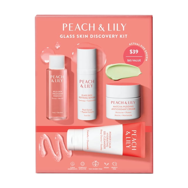 Peach & Lily Trousse de Découverte de Peau en Verre, Coffret-Cadeau de Soins de la Peau avec Quatre Produits : Gel Nettoyant Hydratant Power Calm (10 oz), Essence de Traitement Wild Dew (10 oz), Sérum Affinant pour la Peau en Verre (0,5 oz) et Crème Antioxydante au Pouding Matcha (0,67 oz). Présenté dans une Boîte Rose, Il Met l'Accent sur des Formules Propres, Véganes, Sans Cruauté, Convenant à Tous les types de Peau, Idéal pour Atteindre la Peau en Verre.