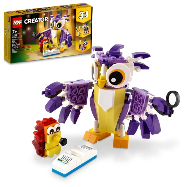 LEGO Creator 3in1 Fantasy Forest Creatures 31125 toy building kit featuring a posable purple and yellow owl holding a magnifying glass, a small red and yellow hedgehog, and an open storybook, designed for creative play with woodland animals, shown with the product box.