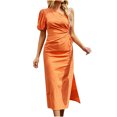 thumbnail image 1 of Fshaion Robe d'Été pour Femmes 2024 Grande Taille Couleur Unie Décontractée Printemps et Épaule Inclinée Manches Courtes Robe Liquidation Moins de 10!, 1 of 2