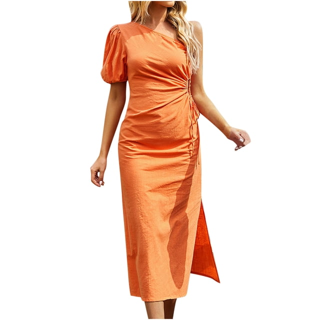 Fshaion Robe d'Été pour Femmes 2024 Grande Taille Couleur Unie Décontractée Printemps et Épaule Inclinée Manches Courtes Robe Liquidation Moins de 10!