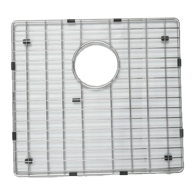 American Imaginations 14-in. W Kitchen Sink Grid AI-34624, a square stainless steel grid with chrome finish and central circular drain cutout, designed for drop-in installation with black protective bumpers, ideal for protecting sink surfaces and elevating dishes for drying.