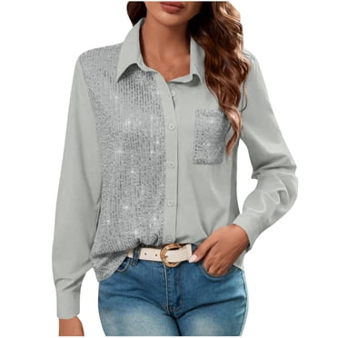 BLVB Womens Sequin Button down Shirts Long Sleeve Glitter Sequin Top Sparkle Party Blouse with Pocket