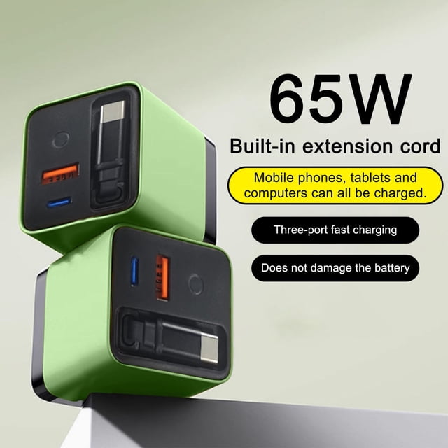 3 In 1 Charger Retractable Phone Charger Wall Plug, Xinsrenus 65W Fast Charging Module Type C Cable With 2 USB Ports, Scalable Retractable USB C Charger For Phone Laptop Tablet, Green