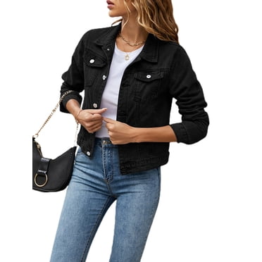 WIFORNT Womenacute;s Solid Color Denim Jacket, Casual Long Sleeve Button Down Chest Pocket Jean Jacket