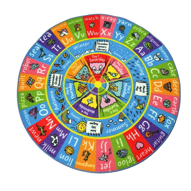 KC Cubs Playtime Collection ABC Alphabet, Seasons, Months and Days of The Week Educational Learning & Game Round Circle Area Rug Carpet for Kids and Children featuring a colorful 6-foot diameter circular design with alphabet letters paired with images, seasonal sections for winter, spring, summer, and autumn, month names on calendar icons, and days of the week in segmented wedges, suitable for educational play in kids' bedrooms and playrooms.