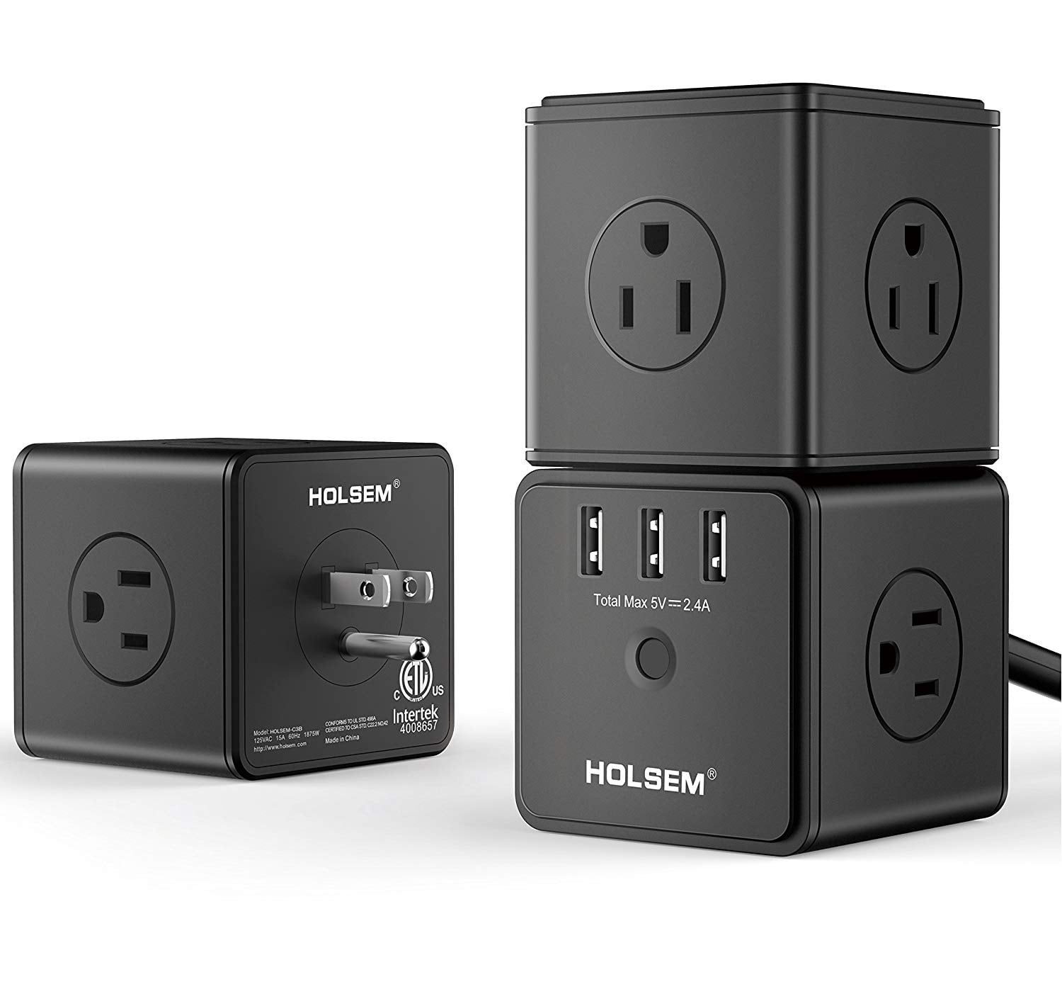 HOLSEM Surge Protector Cubic Power Strip 14 AC outlets, 3 Smart USB Ports (5V/2.4A) and 6' Heavy Duty Extension Cord, Black (3 Pack)