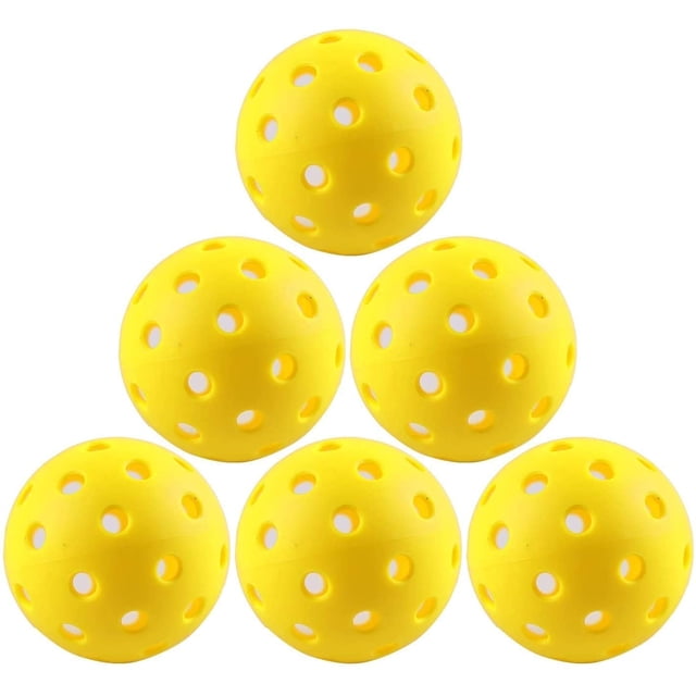 Balles de Pickleball d'Extérieur par Biinggo, un Ensemble de six Balles Jaunes Perforées Durables Conçues pour le Jeu de Pickleball d'Intérieur sur des Planchers de gym Fluides. Populaires dans les Écoles, les Centres Communautaires et les Installations de Pickleball d'Intérieur. Convenant à l'Utilisation Extérieure Mais Optimisées pour les Jeux d'Intérieur, en Faisant un Équipement Essentiel de Pickleball.