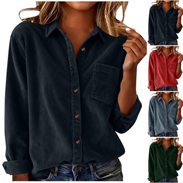 Dazajoo Womens Long Sleeve Shirts Jackets Corduroy Collared Button Down Shackets Solid Color Boyfriend Tops with Pocket,Navy,S