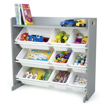 Système de rangement pour jouets avec tablette et 9 bacs de rangement, blanc