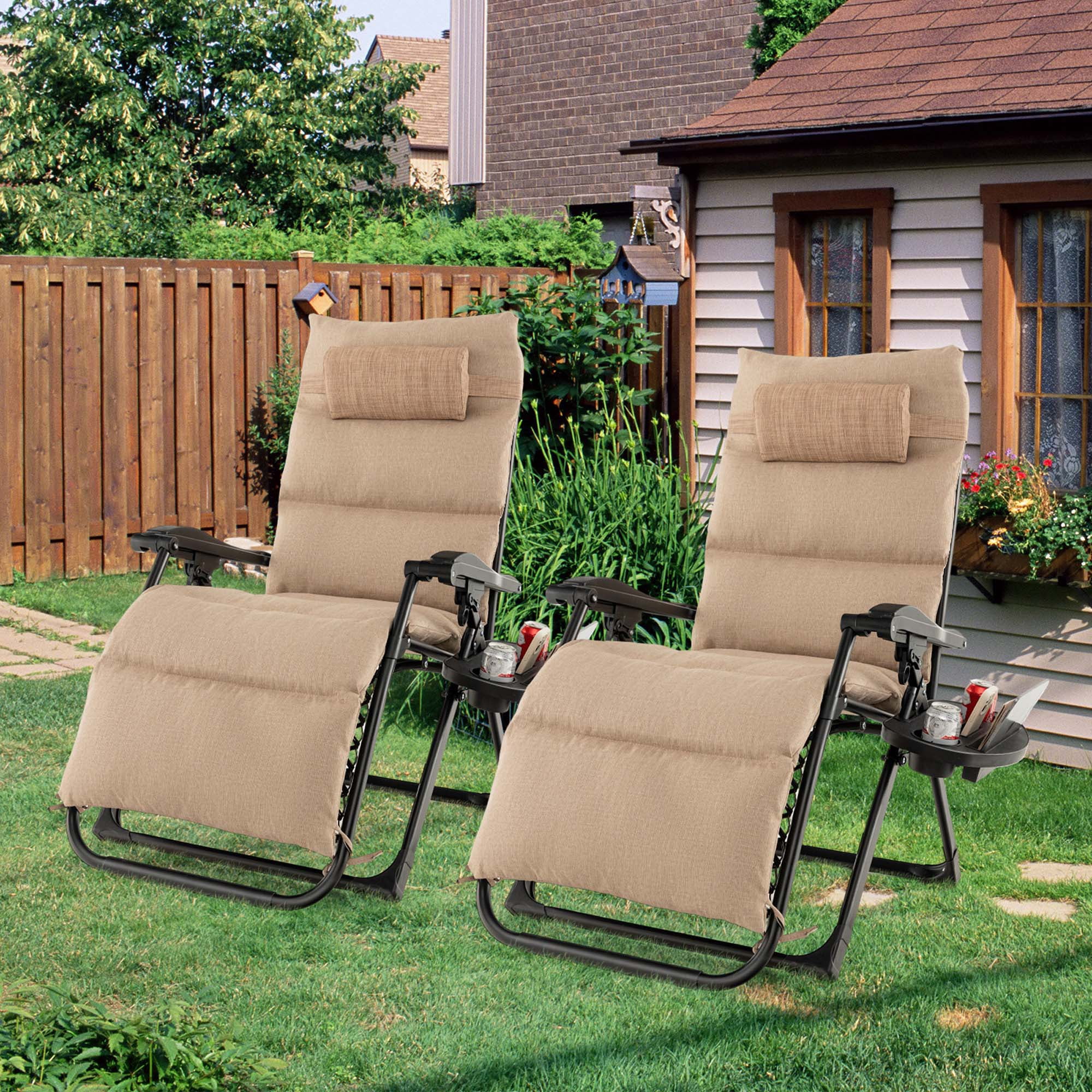 Costway 2 Pcs Coussin de Chaise Longue de Patio à Gravité Zéro avec Plateau, Fauteuil Inclinable Pliant d'Extérieur, Beige