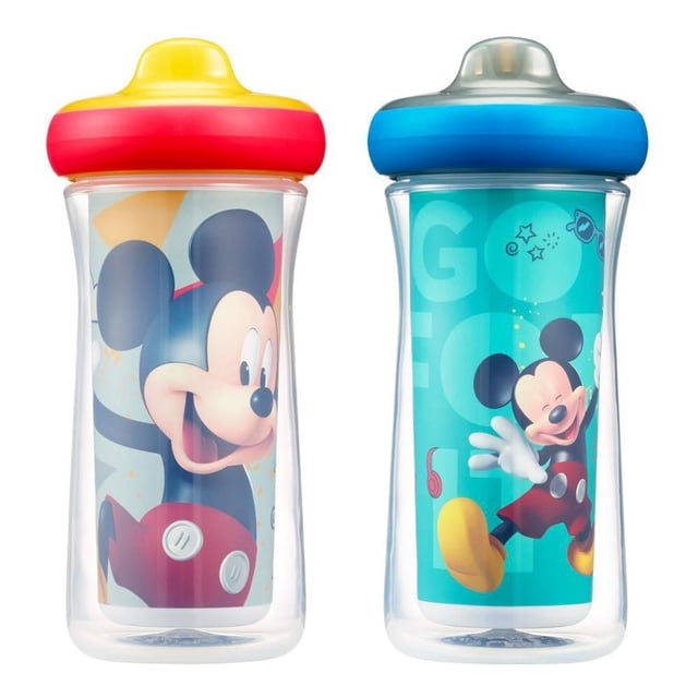 Disney Mickey Mouse ImaginAction™ Insulated Hard Spout Sippy Cups 9 Oz - 2 Pack with two clear BPA-free insulated toddler sippy cups, one with a yellow and red lid showing a smiling Mickey Mouse, the other with a blue lid featuring a dancing Mickey Mouse on turquoise background, both with leak-proof silicone valves and bite-resistant hard spouts for toddler transition.