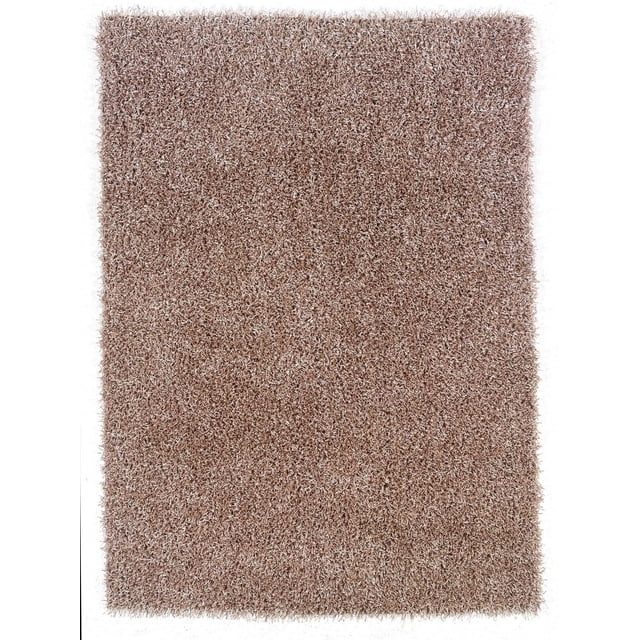 Confetti Shag Champagne 8 ft. x 10 ft. area rug with long, plush polyester lace shag pile in champagne color featuring a subtle metallic sheen and coordinating cotton binding, hand-tufted for living or dining spaces, also suitable as a soft play surface.
