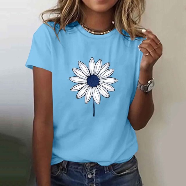 Ovbmpzd Hauts Bleus pour Femmes T-Shirts Graphiques Floraux à Manches Courtes Amusants d'Été pour Femmes TTG