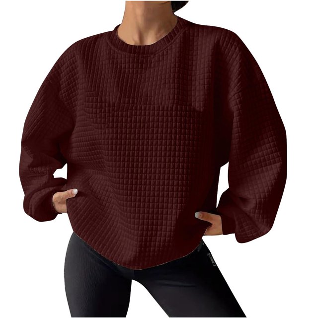 Pisexur Chandail en Molleton Femme Décontracté Ample Automne Chandails en Molleton pour Femmes Couleur Unie Col Rond Chandail en Molleton Manches Longues Chemises pour Femmes Mode Chandail en Molleton Texturé Uni Chandail Tops