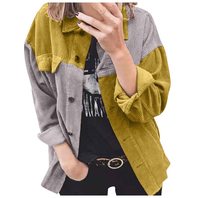 IROINID Veste Surchemise Courte pour Femmes Rayures Manches Longues Décontractée Patchwork Long Cardigan Manteau, Jaune