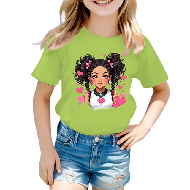 MEZZALL T-Shirt Graphique Mignon pour Fille, Col Rond, Manches Courtes, Tee d'Été Décontracté, T-Shirts Hauts, Vert Pâle, 13-14 Ans