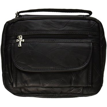 Bible Cover - Genuine Leather - Black - Cross Style Zipper Pulls and Extra Velcro Pockets - Carrying Strap - Fits Most Standard Size Bibles - 10" X 3" X 7"