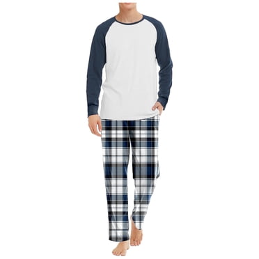 GDREDA Men's Pajamas Male Autumn And Winter Inner Wear Home Raglan Sleeve Top And Plaid Print Trousers Two Piece Home Wear Suit Men's Pajama & Loungewear Navy,XL