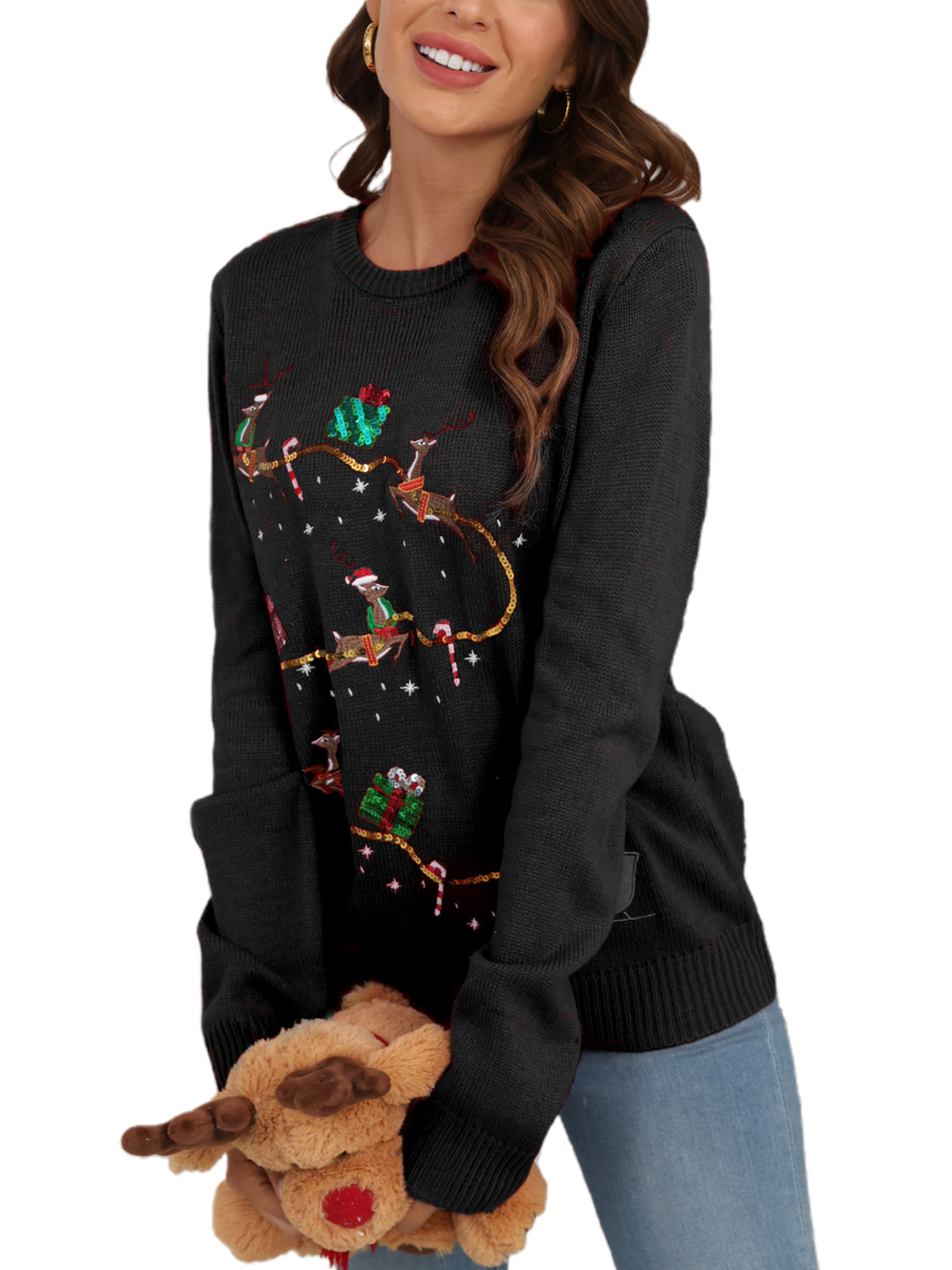 Innerwin Chandail de Noël à Manches Longues pour Femmes Chandail de Noël Col Rond Décontracté Tricoté Noir Carrosse 2TG