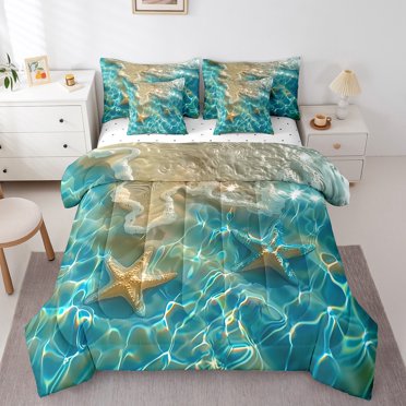 Erosebridal Ocean Starfish Bedding Sets Twin Size,Underwater World Comforter Sets with Sheets,Sealife Decor,Reversible,7pcs
