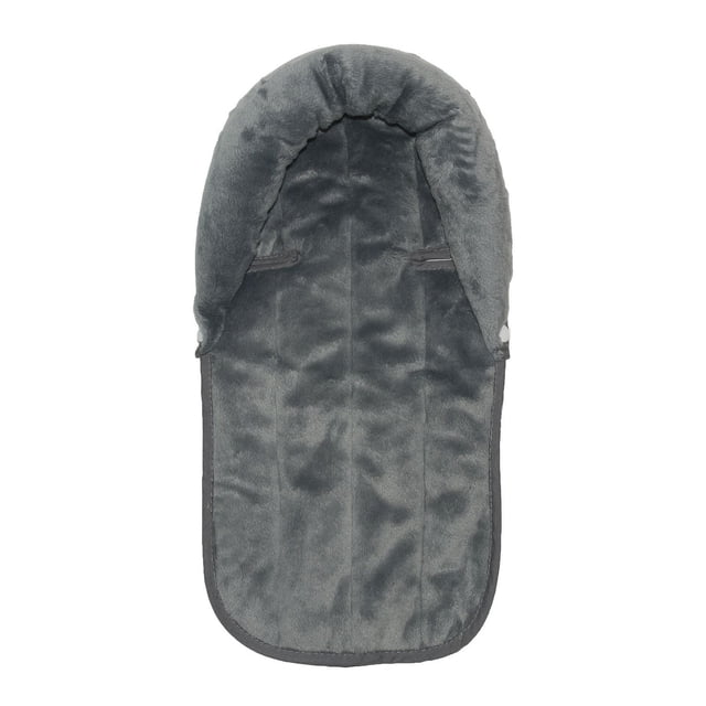 Jolly Jumper Preemie/Newborn Head Hugger in grey, a plush infant car seat and stroller insert providing gentle head and neck support for preemies and newborns, with a snug fit that reduces seat size and slots for harness straps, designed for comfort and protection during travel.
