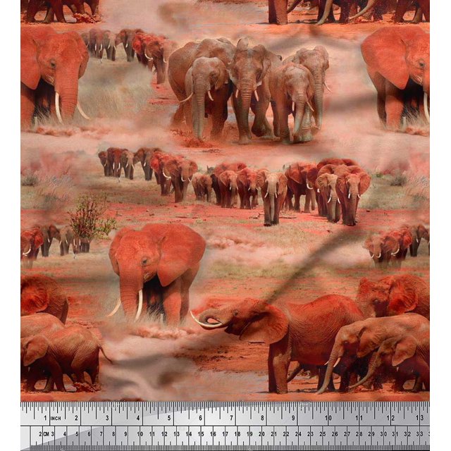Soimoi Cotton Poplin Fabric tree & elephant Animal Printed Fabric 1 Yard 56 Inch Wide
