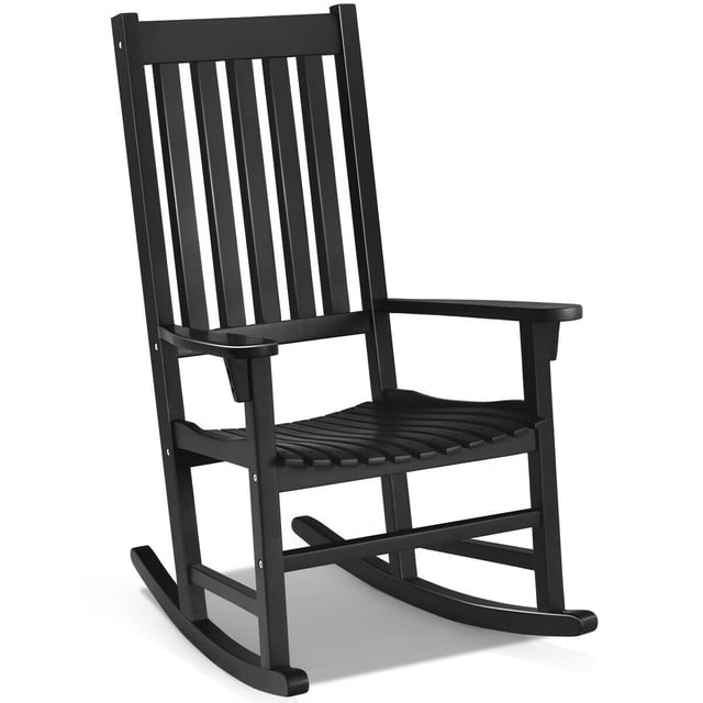 Gymax Wooden Rocking Chair Porch Rocker High Back Garden Seat For Indoor Outdoor Black. Front-facing black acacia wood rocking chair with contoured slatted seat, high slatted back, widened armrests, four supporting points with cross-bars and curved rockers; weather-resistant and FSC-certified; often used on patios or balconies and suitable for storing folded throws or seat cushions.