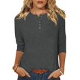 thumbnail image 1 of Yuyuzo Womens 3/4 Sleeve Tops Basic Button Crew Neck Solid Color Loose Fitted Tunics Tee Blouses, 1 of 5