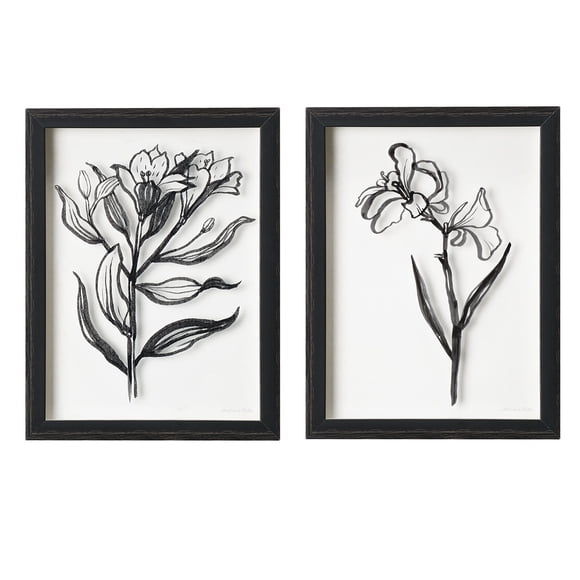 Crystal Art Gallery by Danhui Nai Floral Sketch Framed Glass Wall Art, Set of 2, Black and White