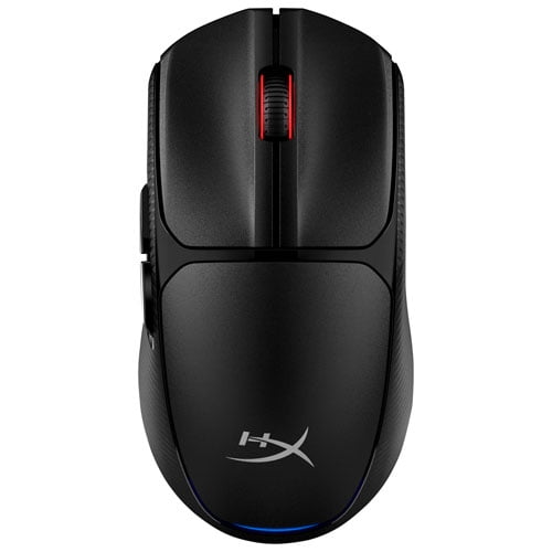 HyperX Pulsefire Fuse Wireless Gaming Mouse in black with ambidextrous design, Microline textured grip panels, red LED scroll wheel, and HyperX logo, offering lightweight wireless connectivity for precise gaming control.