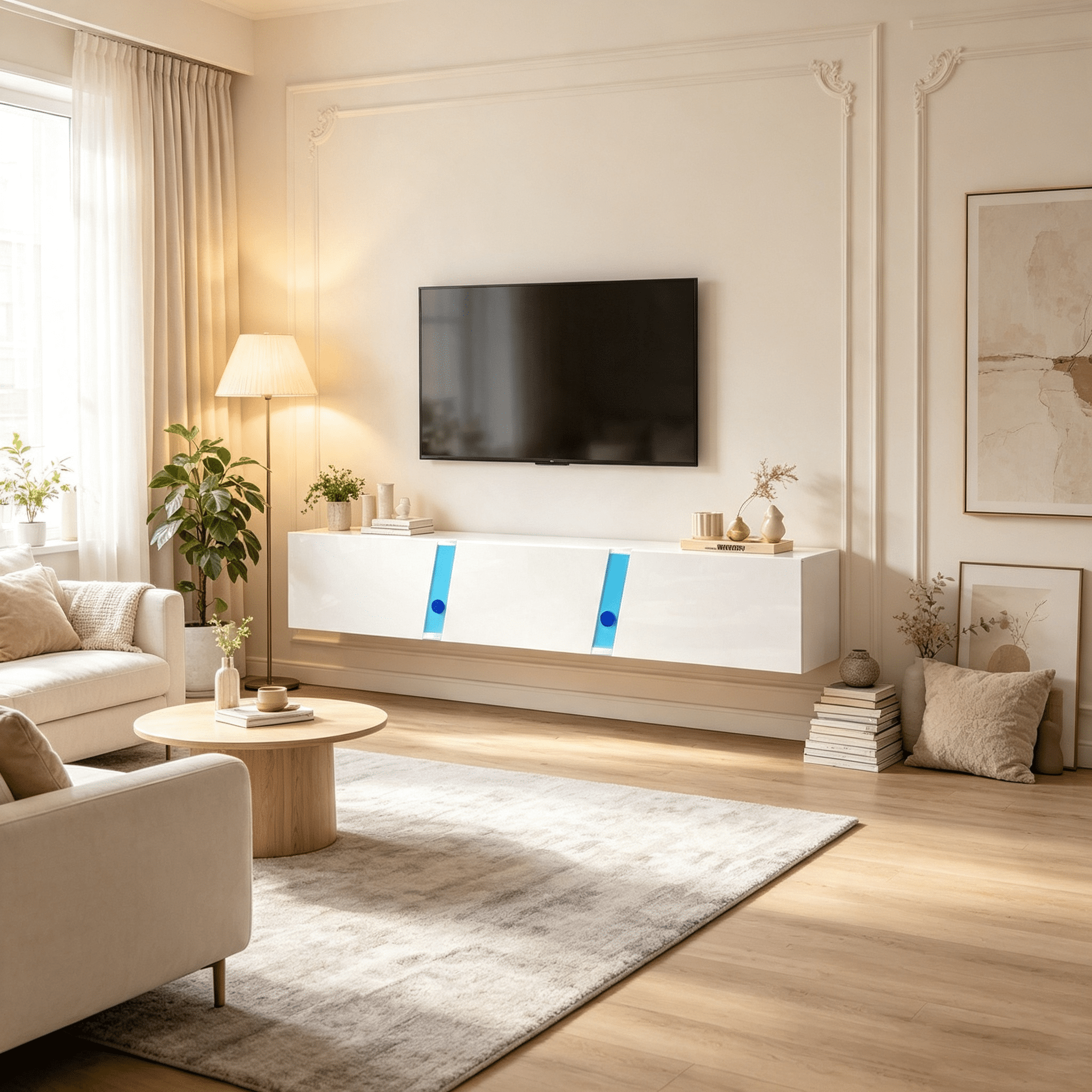 Homy Casa meuble télé flottant 64,9 po avec DEL, 3 portes et 5 compartiments pour téléviseur 65 po