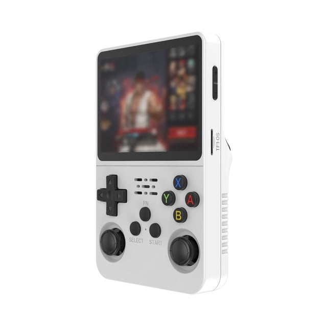 LNGOOR hand-held gaming device game console featuring a 3.5-inch IPS screen with 640x480 resolution, dual joysticks, and L/R bumpers for precise control. This lightweight and portable console comes in a white plastic design and includes 64GB or 128GB storage options, preloaded with 10,000 or 20,000 classic games across 20 console emulators. The device is rechargeable with up to 8 hours of battery life after a 2-hour charge. Ideal for retro gaming enthusiasts and children, it supports a standard 3.5mm headphone jack and includes a USB charging cable, instruction manual, wipes, and tempered film.