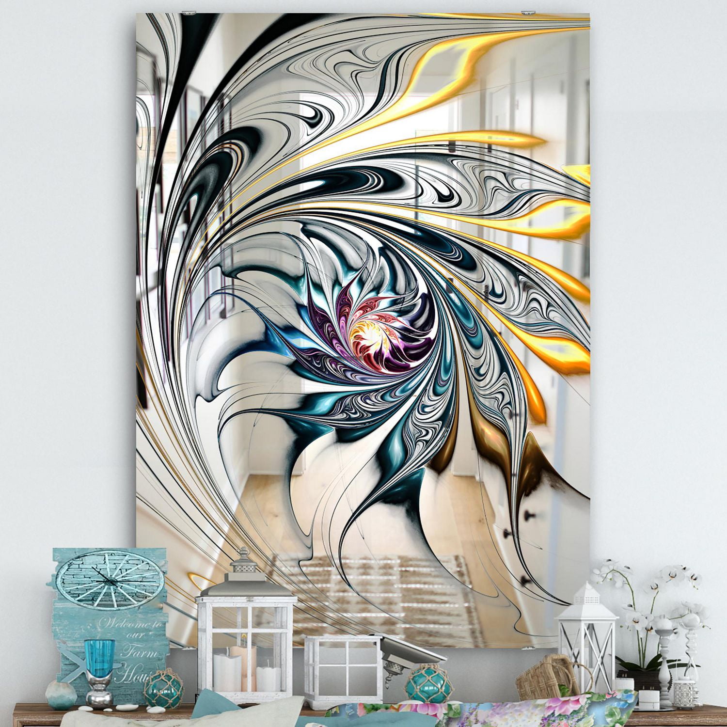 Designart 'White Stained Glass Floral Art' Moderne et Miroir - Miroir Accent - 24x36