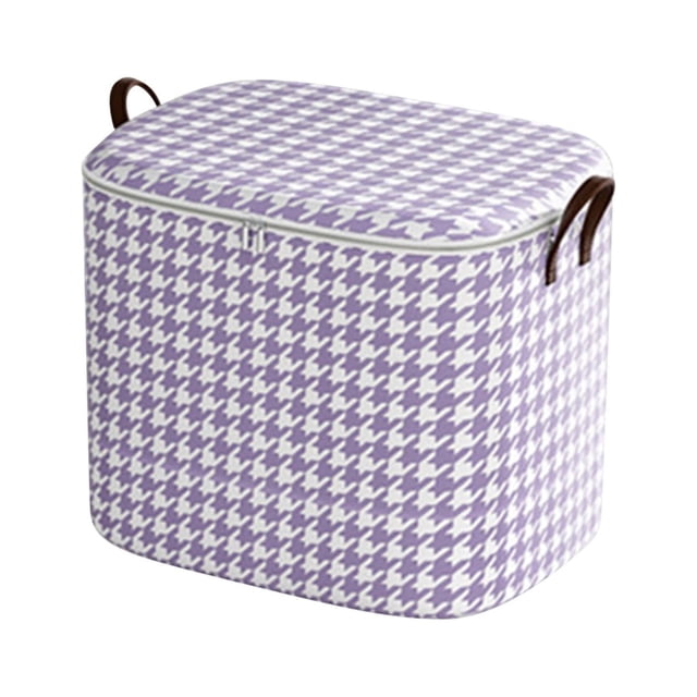 EGNMCR Closet Organizers and Storage, a large-capacity non-woven storage bag with a purple and white houndstooth pattern. Features include a stackable design, reinforced handheld straps on both sides for easy carrying, and a two-way zipper for secure closure. Ideal for organizing clothing in wardrobes and cloakrooms. Foldable for space-saving storage when not in use.