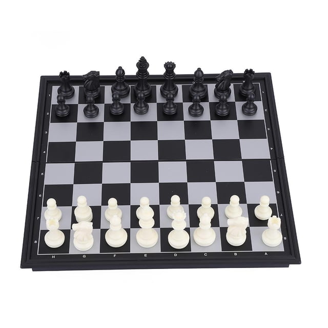 Fosa Plastic Chess Set, 3 in 1 folding magnetic chess set combining chess, checkers, and backgammon. The black and white chessboard features labeled rows and columns for teaching. Includes durable plastic chess pieces in black and white, stored securely in a clasped folding board. Ideal for classic board game enthusiasts and portable use.
