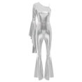 thumbnail image 3 of Raenseen Womens Metallic Shiny Flare Sleeve Bodysuit Hippie Bell Bottom Jazz Dance Rave Party Silver L, 3 of 6