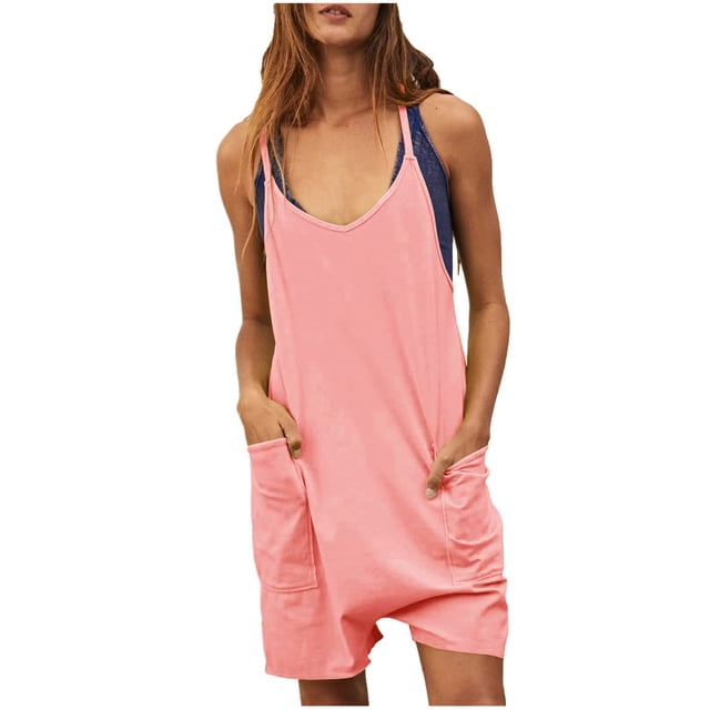 Combinaison pour Femme Été à Encolure Dégagée Unie Sans Manches Décontractée Courte Combinaisons Courtes avec Poches Salopettes Pantalons pour Dames